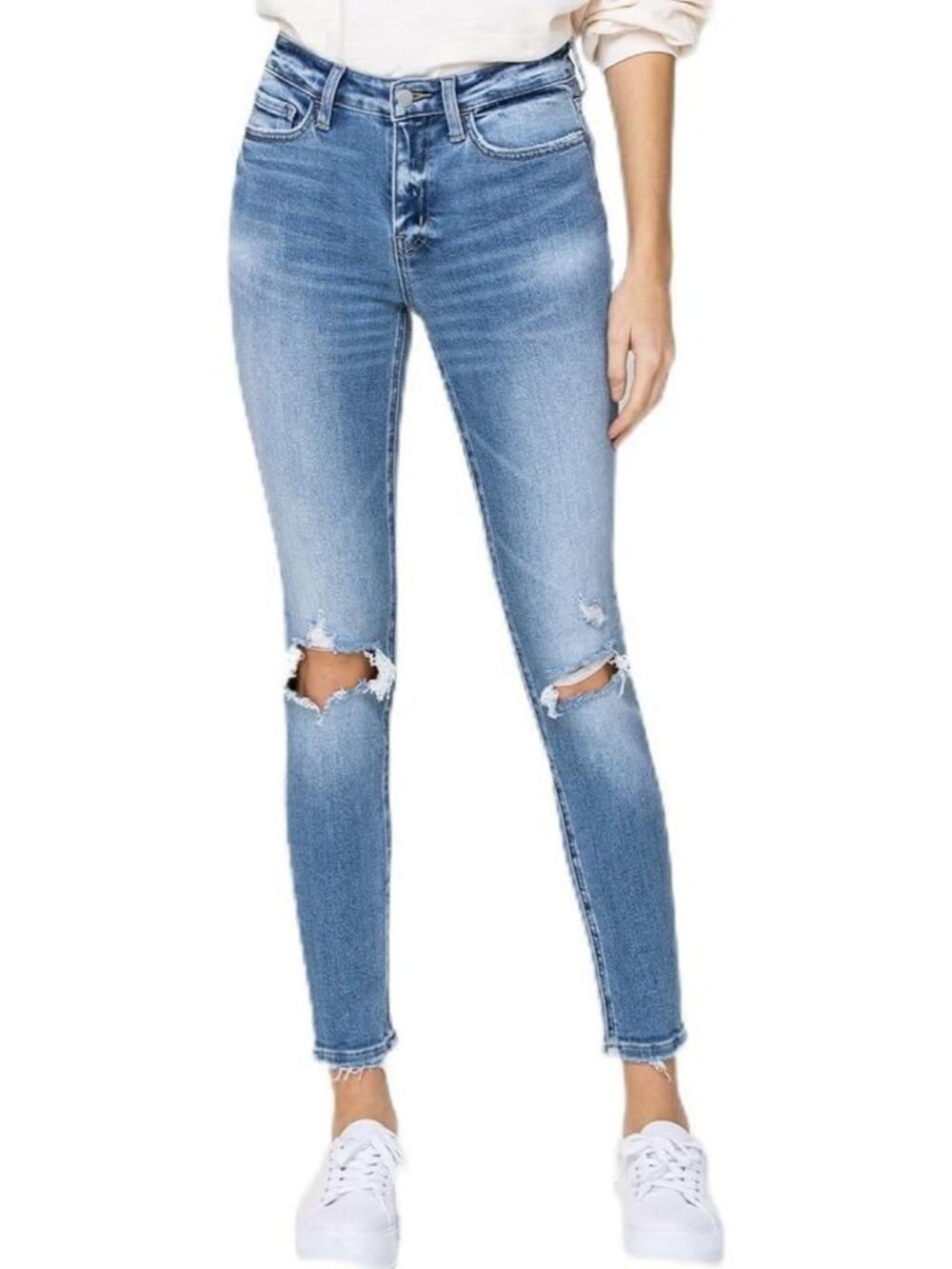 Distressed Mid-Rise Skinny Jeans in Blue - Trendy Casual Denim for Every